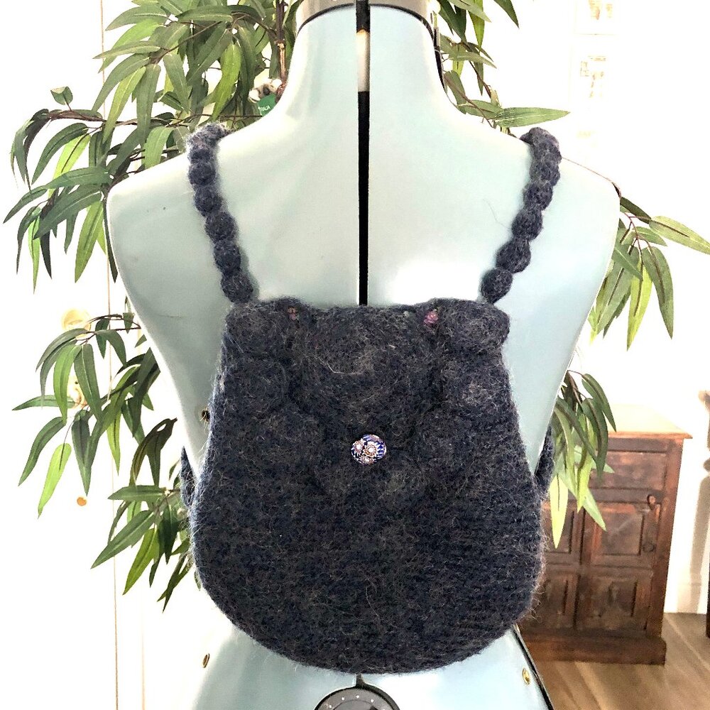 Small Handmade Navy Blue Crocheted Backpack Purse, One of a Kind